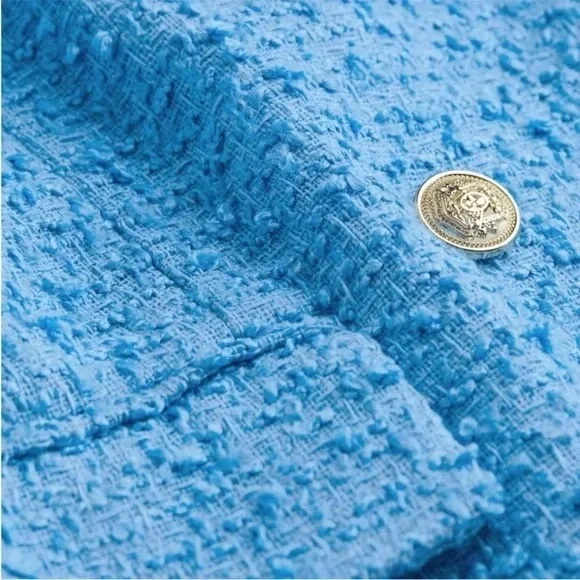 NWT H&M Light Blue Tweed Double-Breasted Oversized Blazer Gold Buttons Size XS - Picture 9 of 11